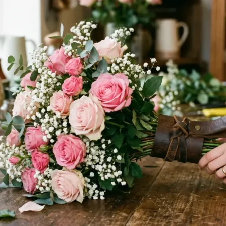Pink Roses With Gyps & Leather